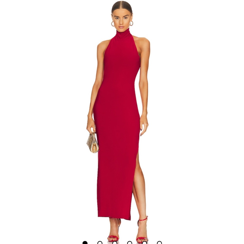 Halter Turtleneck Side Slit Gown in Red